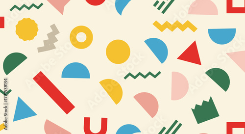 A vibrant and playful seamless pattern featuring a variety of colorful geometric shapes and abstract elements, creating a retroinspired, memphis design aesthetic