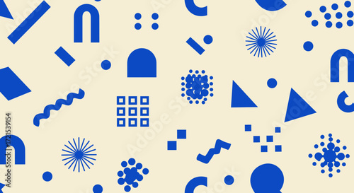 Abstract Geometric Shapes Pattern Design with Blue Elements on Beige Background