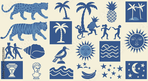 A collection of blue and white graphic elements including tigers, palm trees, pineapples, suns, moons, stars, waves, people, a bird, a bust, a seashell, and a banana, all isolated on a