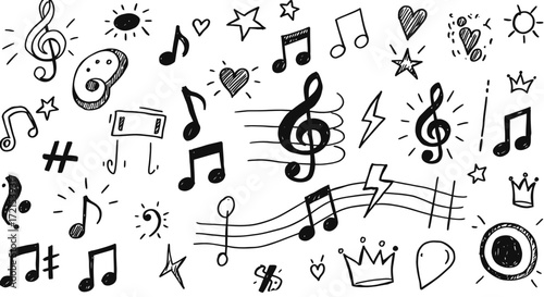 A delightful collection of hand-drawn musical notes, clefs, and whimsical doodles, perfect for adding a creative and artistic flair to music-themed designs and projects