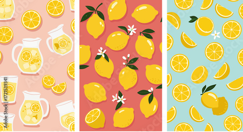 Vibrant Summer Citrus Patterns Collection Refreshing Lemonade and Zesty Fruit Designs for Sunny Backgrounds and Healthy Lifestyle Concepts