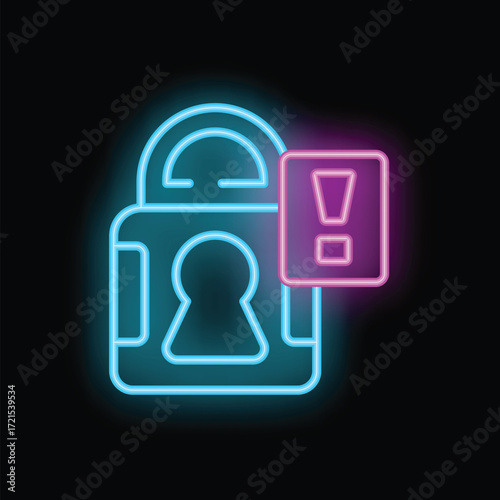 Glowing blue neon padlock showing warning sign with exclamation point on dark background