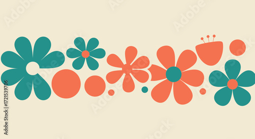 A decorative horizontal banner with stylized groovy flowers and circles, featuring a retro sixties and seventies pop art style in orange and teal colors
