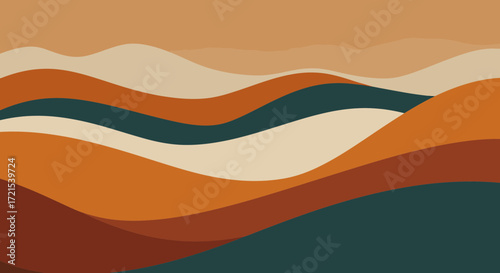Abstract landscape with rolling hills in warm earthy tones of orange, brown, and beige, with accents of teal, creating a serene and organic visual flow, perfect for modern decor and design