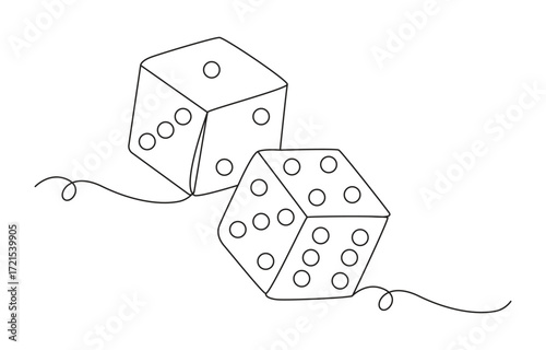 continuous line art drawing of dice, dice one line art vector, Continuous contour drawing of game dice, Two dice one line drawing. Dice Rolling A Continuous Line Drawing Depiction