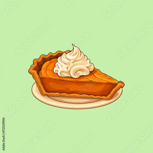 Pumpkin pie slice with whipped cream on transparent background. Perfect for Thanksgiving, autumn food design, menus, holiday cards, and festive digital projects.