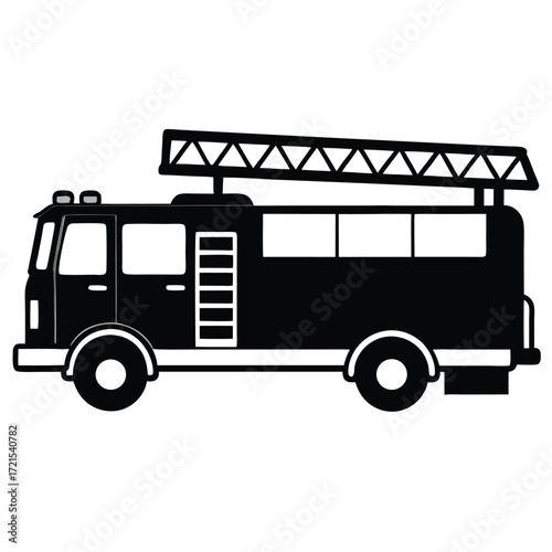 Black silhouette of a fire engine truck with ladder and lights