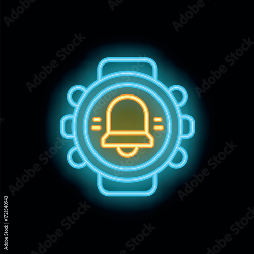 Neon smartwatch displaying notification bell icon, symbolizing alerts, reminders, or incoming messages