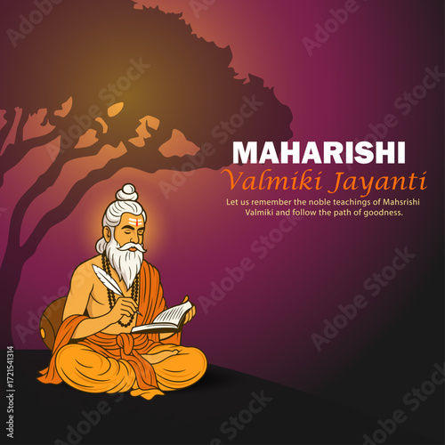 maharishi Valmiki Writing Scriptures with Quill under Tree for Valmiki Jayanti Celebration – Hindu Sage, Spiritual Guru, and Author of Ramayana