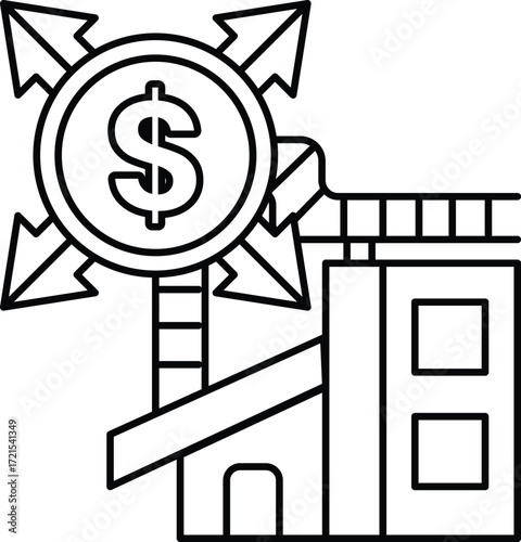 A dollar sign is drawn with four arrows pointing in different directions