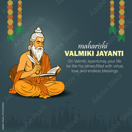 Maharishi Valmiki Writing with Quill on Manuscript for Valmiki Jayanti Celebration – Hindu Sage, Spiritual Guru, and Author of Ramayana with Decorative Garland