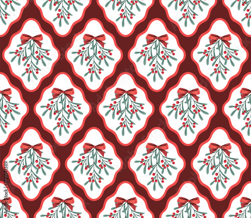 Christmas mistletoe branch, red bow seamless pattern. Merry Christmas, New Year wallpaper.