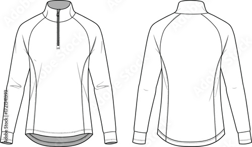 Long sleeve pullover flat sketch, quarter zip technical drawing, fashion garment illustration, raglan sleeve design, apparel construction template, drop tail hem, clothing design vector,