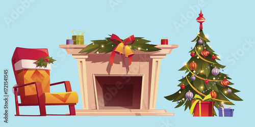 Home interior with Christmas tree and gift boxes vector illustration