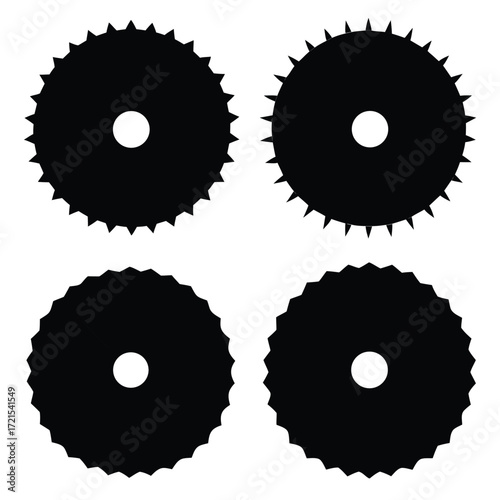 Four black gear shapes with central holes on a white background