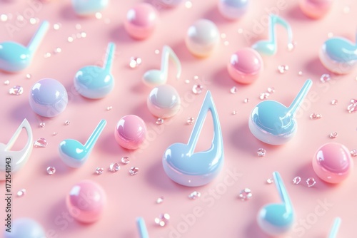 Whimsical Pastel Musical Notes, Spheres, and Crystals on Pink Background
