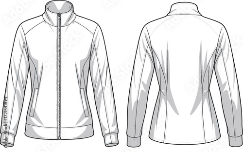 Technical jacket fashion flat sketch, front and back view, high collar zipper coat, garment construction drawing, apparel design illustration, clothing template, tailored outerwear design