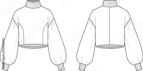 Fashion illustration, long sleeve cropped top, ribbed neckline, voluminous sleeves, ribbed cuffs, ribbed hem, garment design, technical drawing, apparel sketch, clothing construction,