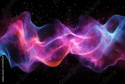 Abstract vibrant glowing particle waves on black background