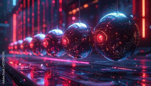 Futuristic Newton cradle metallic spheres glowing in neon lights, representing advanced technology, artificial intelligence, digital progress, and the future of innovation