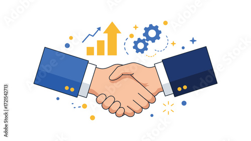 Business handshake agreement with growth chart and gear icons representing partnership, collaboration, contract and corporate success vector illustration