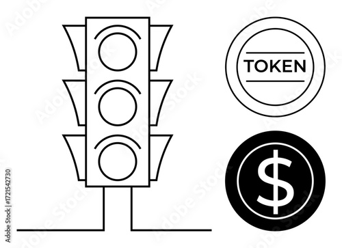 Traffic light outline next to dollar coin and token, representing choices, control, finance, and investments. Ideal for decision-making, financial planning, strategy, regulation economy savings