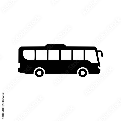 Black silhouette of a passenger bus on a white background, representing public transportation and travel