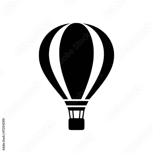 Hot air balloon black and white silhouette icon for travel, adventure, and freedom concepts. Simple vector graphic of an aerostat for flight and transportation design