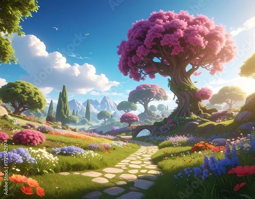 Fototapeta Naklejka Na Ścianę i Meble -  Colorful, vibrant landscape with a stone path