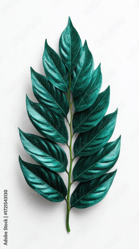 Fototapeta premium Close up of a single teal leaf with glitter texture on a white background. 