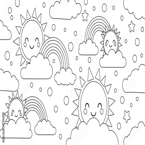 Detailed outline coloring page of a sunny tropical beach, featuring a majestic palm tree, elaborate sandcastle, ocean, sun, and beach accessories, ideal for summer fun