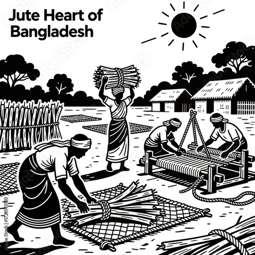 Illustration of rural workers processing natural jute fibers and weaving on a traditional handloom
