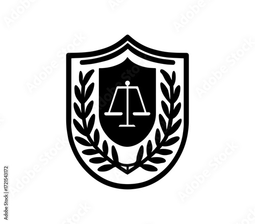 Abstract shield crest with scales of justice and laurel wreath, symbolizing law, justice, and victory in a clean, modern graphic style