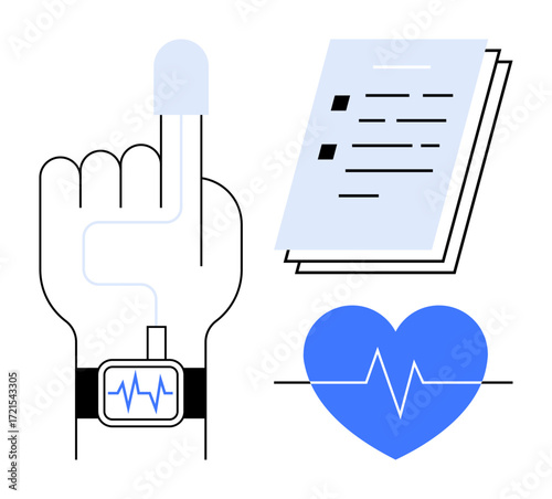 Hand with wearable device measuring heart rate, blue heart symbol, and documents. Ideal for healthcare, fitness, monitoring, medical research, innovation patient care wellness. Simple flat metaphor