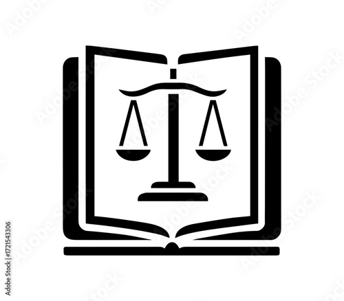 Black silhouette of an open book with scales of justice symbol inside representing law knowledge and legal advice