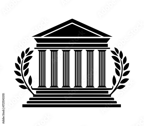 Classical Greek building facade with columns and laurel wreath symbolizing victory, achievement, or honor.