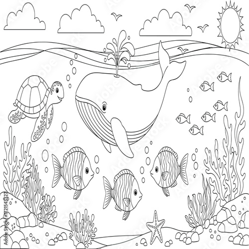 Detailed outline coloring page of a sunny tropical beach, featuring a majestic palm tree, elaborate sandcastle, ocean, sun, and beach accessories, ideal for summer fun
