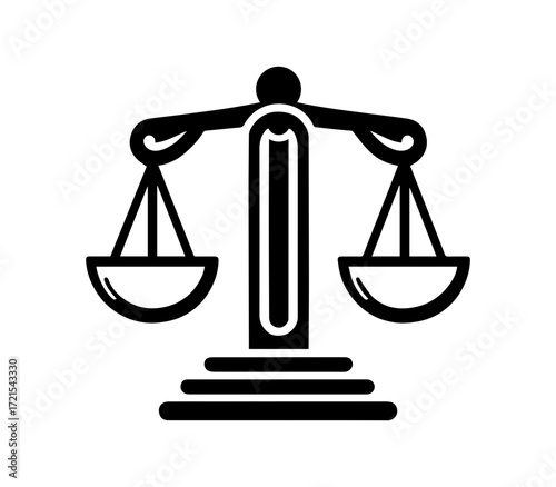 Classic black and white symbol of justice scales with balanced pans and central pillar, representing law fairness and legal judgment
