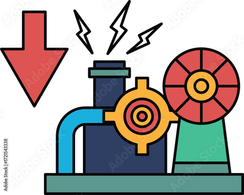 A black and white drawing of a machine with a downward arrow
