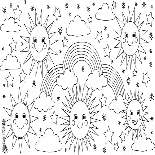 Detailed outline coloring page of a sunny tropical beach, featuring a majestic palm tree, elaborate sandcastle, ocean, sun, and beach accessories, ideal for summer fun