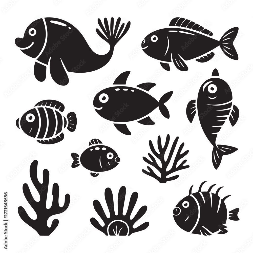 Naklejka premium Cute Underwater Ocean Life Collection