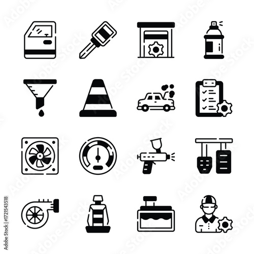 A set of black line icons depicting various automotive repair and maintenance tasks.