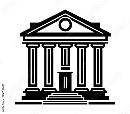 Elegant neoclassical building facade with columns and pediment, representing law justice government or education institutions in a classic architectural style