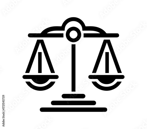 Modern black line art scales of justice symbol representing balance fairness and legal judgment on a white background