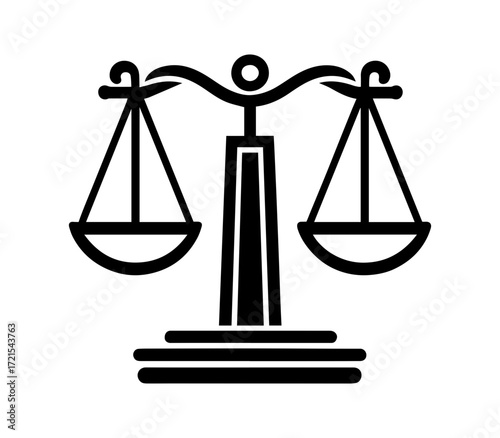 Stylized black silhouette of the Scales of Justice, representing law, fairness, and balance, isolated on a white background.
