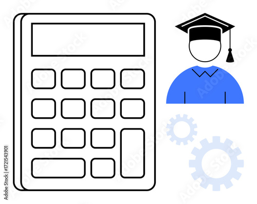 Calculator, graduate cap, and gears symbolize education, learning, problem-solving, innovation, and achievement. Ideal for learning, mathematics innovation career planning success