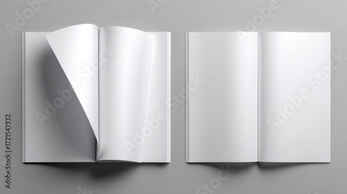 Two open books with blank pages, one showing the pages flipping over, on a gray surface