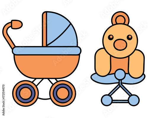 Cute Baby Stroller and Teddy Bear Toy Icons for Nursery Decor Design