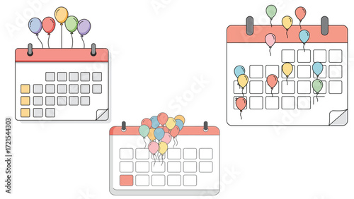Colorful balloons floating over calendar pages representing party dates, celebration events and birthday reminders vector illustration