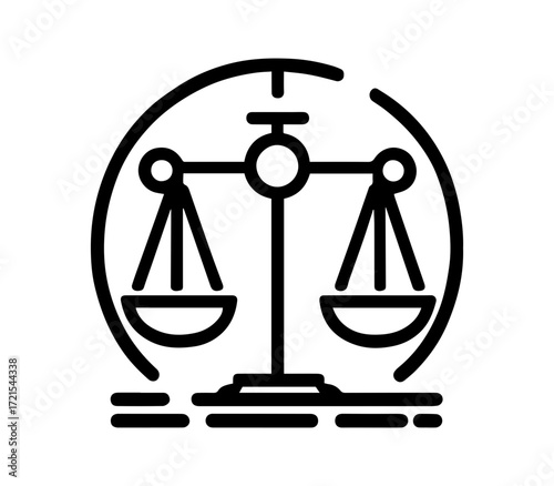 Stylized icon of a balance scale symbolizing justice law and fairness with a circular frame and horizontal lines below representing a base or foundation